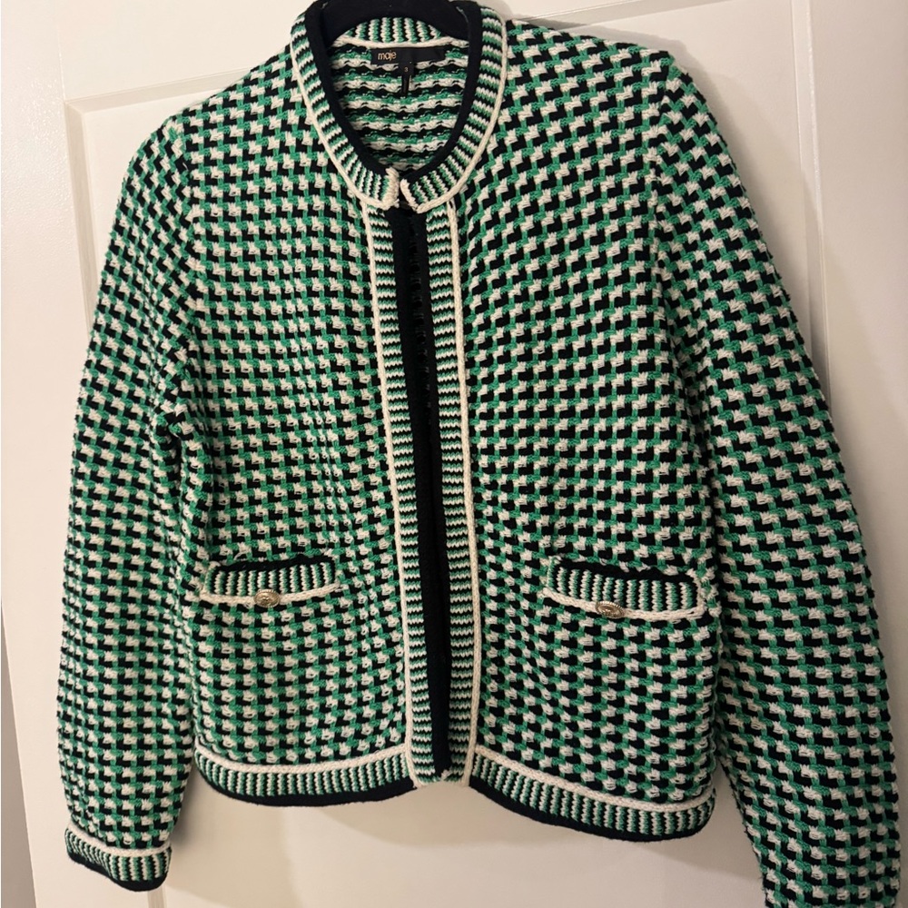 Maje Green and Black Houndstooth Cardigan
